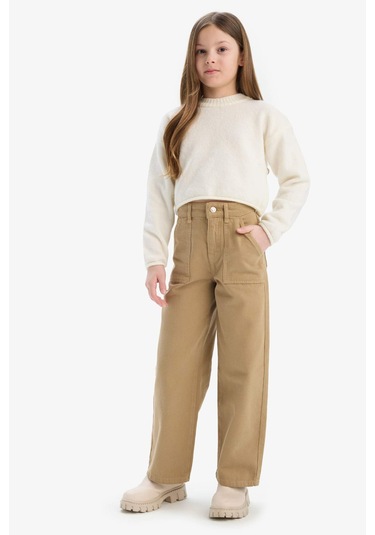 DeFacto Kız Çocuk Wide Leg Geniş Paça Pamuklu Pantolon D9134A825SMBG122 Bej