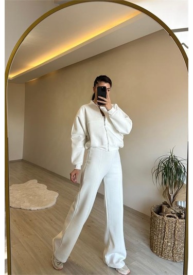 Neşeli Butik Kadın Fermuarlı Oversize Sweat Ve Yüksek Bel Eşofman Takımı Nm018 Ekru