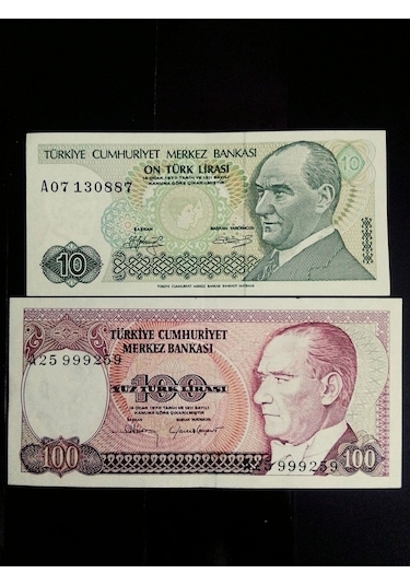 A Serisi 7. Emisyon 100 Ve 10 Türk Lirası Koleksiyon Eski Kâğıt Para.