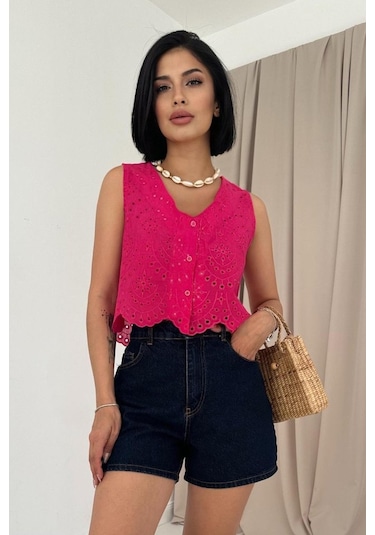 Reka Moda Fuşya Sıfır Kol Brode Bluz FUŞYA
