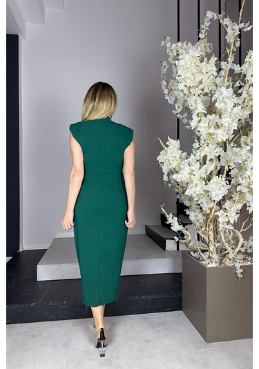 G0920 Broş Detaylı Drapeli Elbise Zümrüt-zümrüt Zümrüt Yeşili