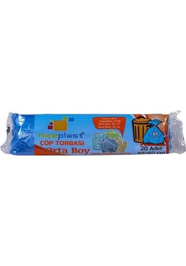 Niceplast Orta Boy Çöp Torbası Poşeti Mavi 55 x 60 CM 30 L 3 x 20'li