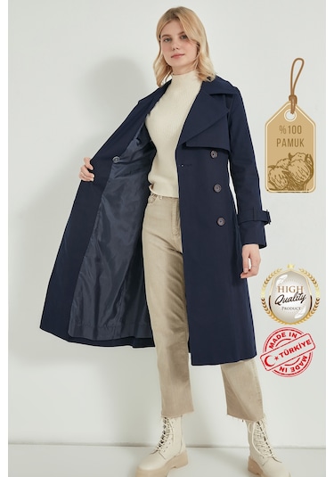 Pastelastore %100 Pamuk Gabardin Uzun 110cm Astarlı Kemerli Kadın Trençkot 1111 Lacivert