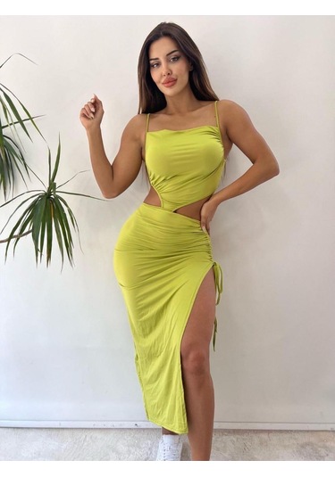 Pink Life Yeşil Kriptografik Zarif Seksi İp Detaylı Maksi Elbise Yeşil