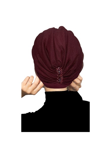 Dizayn Tüllü Kristal Taş İşlemeli Çift Taraflı Astarlı Bordo Hazır Türban Tesettür Abiye Bone Bordo