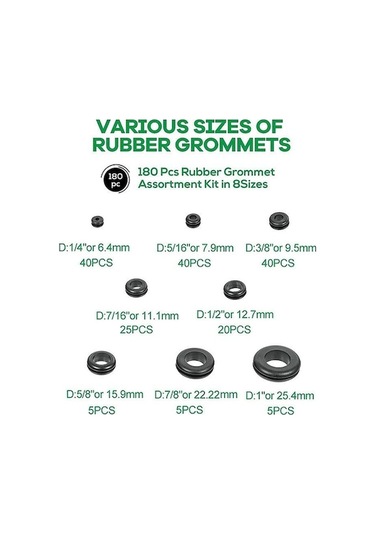 Pazly 180 Adet Farklı Kauçuk Grommet Kiti, 1/4, 5/16, 3/8, 7/16, 1/2, 5/8, 7/8, 1 Boyutlar, Yıkama Seti, Kauçuk Tel Takozlar