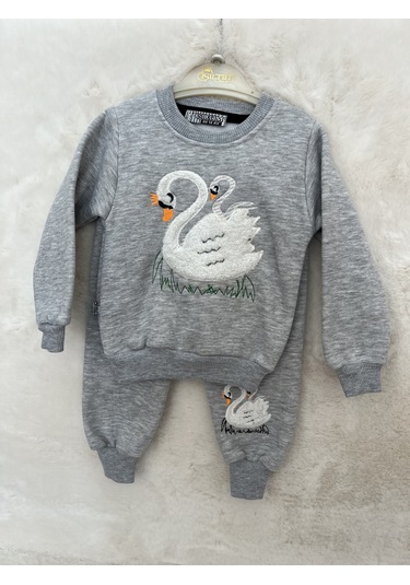 Kuğu Desenli Üç İplik Takım Gri