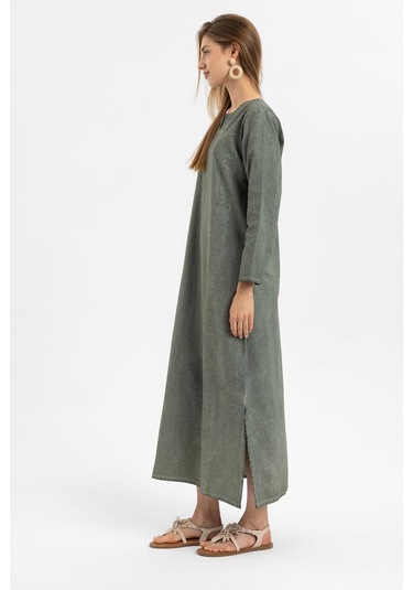 Haki İşlemeli Uzun Kollu Astarsız Pamuklu Uzun Elbise-hakı