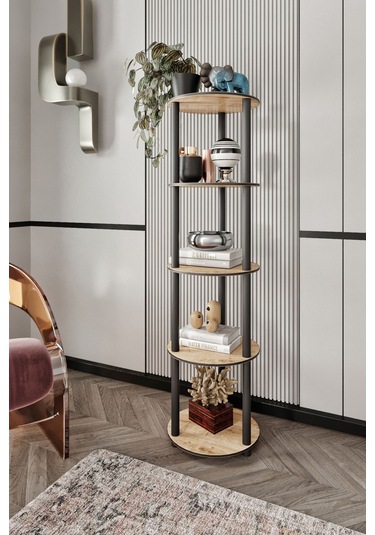 Dekoratif Masivo Kitaplık 5 Katlı 34 Çap Yuvarlak Çok Amaçlı Raf Meşe