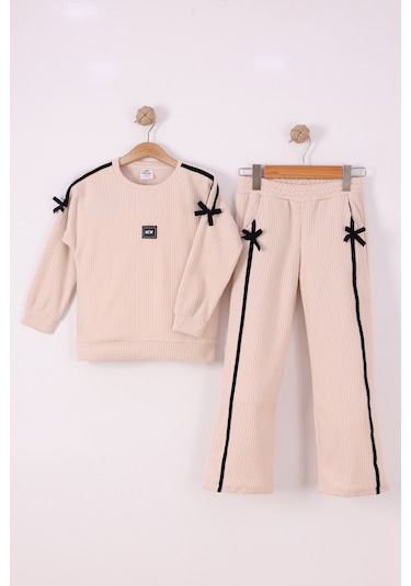 Monox Kız Çocuk Kurdale Detaylı Fitilli Polar Takım Bej