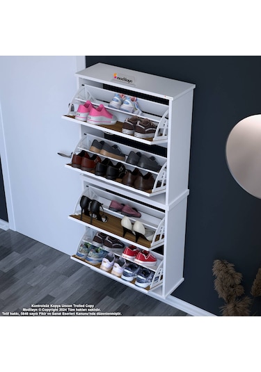 Modilayn Umay' 2 Li Asma Antre Hol 72 X 148 X 25, 5 Cm Lik 4 Düşer Kapak 8 Raf Bölmeli Ayakkabılık Beyaz - Ceviz