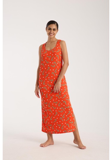 Akbeniz Kadın Kalın Askılı Yırtmaçlı Uzun Turuncu Gecelik Turuncu