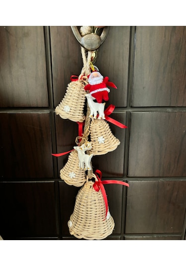 Bambu 4'lü Noel Çanı,geyik Noel Baba Arajmanlı Kapı Duvar Dekoru 33cm