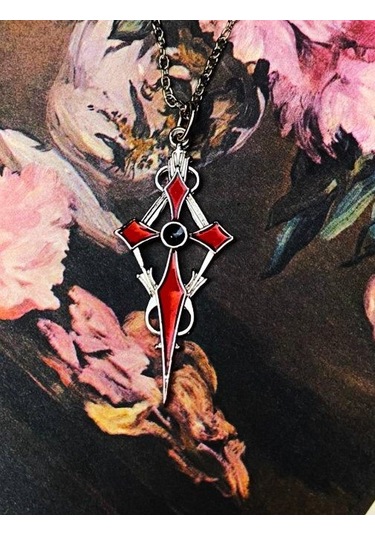 Gümüş Kaplama Kırmızı Mineli Gotik Haç Kolye