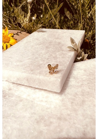 Kurdele Fiyonk Tasarım Zirkon Taşlı Şık Altın Renk Çelik Piercing Tragus Helix Stainless Steel