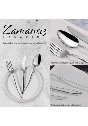 Serenk Milano Çelik Çatal Kaşık Bıçak Takımı 24 Parça Gümüş