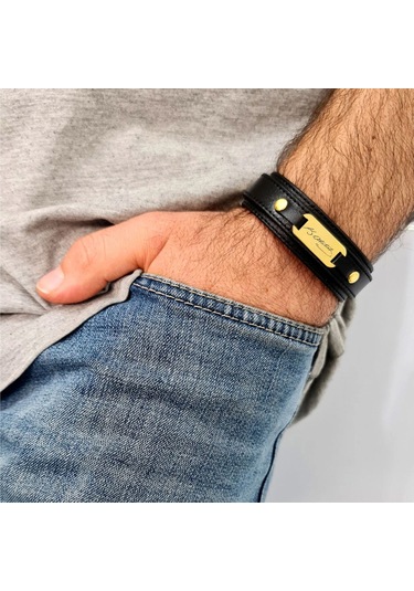 Archin Atatürk İmza Temalı Doğal Siyah Derili Oval Motifli 14 Ayar Altın Plakalı Hediye Bileklik-438sembol Atatürk İmzası