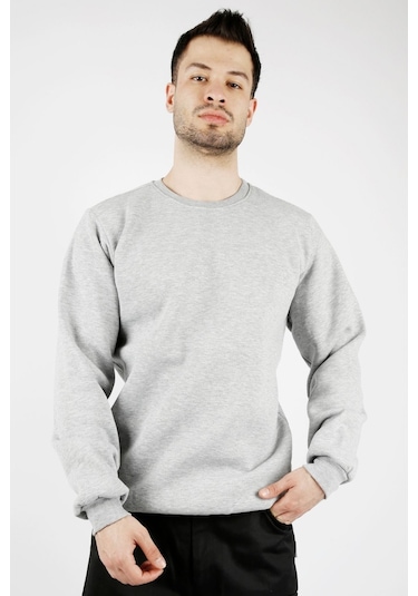 Uniprom Sıfır Yaka Sweatshirt Kalın Kumaş İçi Şardonlu Gri Erkek Açık Gri
