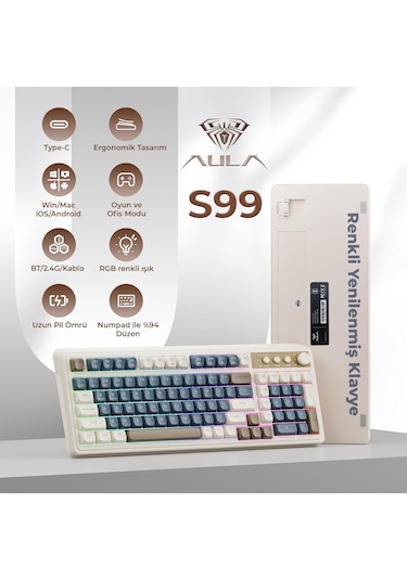 Aula S99 Retro Rgb Gaming 3 Modlu Bluetooth/2.4ghz/usb-c Kablosuz Makrolu Türkçe Q Klavye Lacivert