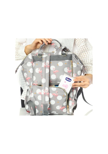 Lal Baby Flamingo Desenli Anne Bebek Bakım Sırt Çantası Gri