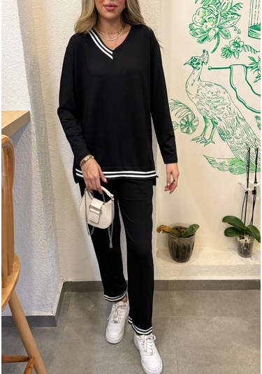 The İstanbul Kadın Yeni Sezon Uzun Kollu Ribana Detay Ikili Takım Siyah