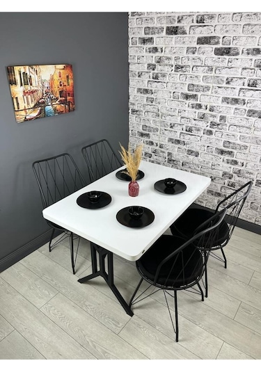 Sultan Beyaz Siyah Mutfak Yemek Masası Balkon Masası Kavisli Köşe Metal Siyah Ayak 120 80 Cm