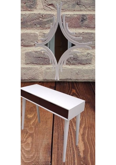 Dresuar Ahşap Kayın Retro Ayak Çift Çekmece CNC Ayna Beyaz Ceviz El Yapımı Beyaz - Ceviz