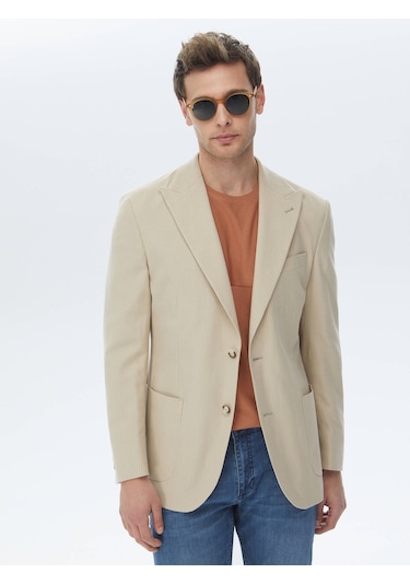 Kip Bej Çizgili Modern Fit Pamuk Karışımlı Ceket Çok Renkli