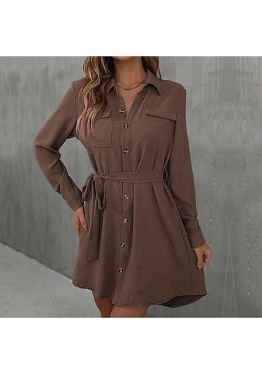 Novahub Erken Sonbahar Kadın Elbise, Uzun Kollu Tek Göğüslü Bağcıklı Düz Renk, Kahve Renkli, Viskoz Kumaş, Uzun Kollu, Diz Boyu, Gündelik Stil, Aile Tatil İstihdam Kahve