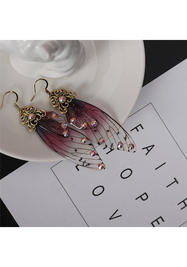 Wezone Şık Ve Zarif Kelebek Kanatlı Gelin Küpeleri - Altın Mavi Elmas Detaylı Gold