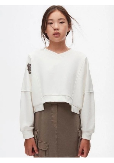 Kız Çocuk Pamuklu Triko Kumaş Karışımlı Sweathirt-14720 Ekru