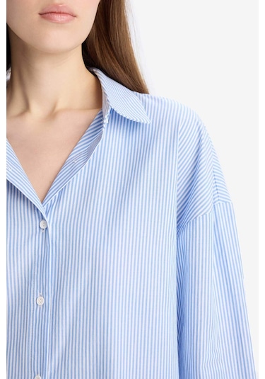 DeFacto Çizgili Pijama Yaka Poplin Pijama Üstü-Fall in Love E3113AX25SPBE747