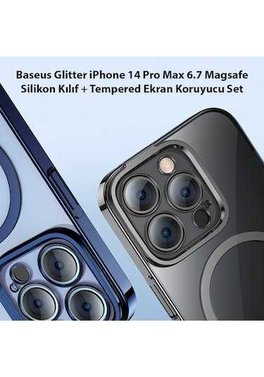 Baseus Glitter Apple Uyumlu iPhone 14 Pro Max 6.7 Magsafe Silikon Kılıf + Tempered Ekran Koruyucu Set