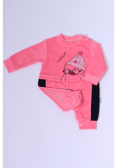 Hçm Bebek Kadife Tulum Uzun Kollu Çıtçıtlı Baskılı D5 Pembe