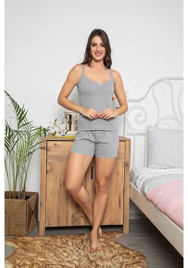 Kadın Gri Renkli Şortlu Ve Taytlı Pijama Takımı 3'lü Set 75009 Gri