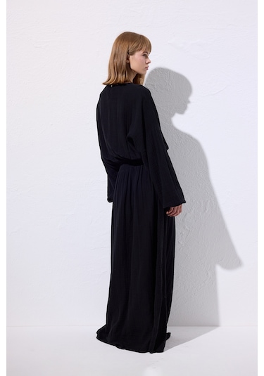 Müslin Beli Büzgülü Elbise Siyah Siyah