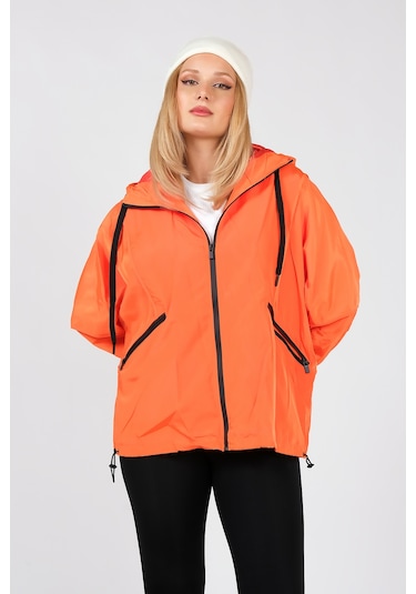 Giyim Dümnyası Kadın Paraşüt Kumaş Kapüşonlu Yağmuluk Turuncu 001