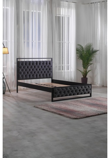 Mithra Çift Kişilik Metal Siyah Ahşap Latalı Karyola