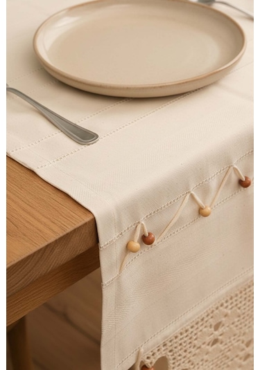 Dantel İşlemeli Boncuklu Runner 50x130 Cm Krem