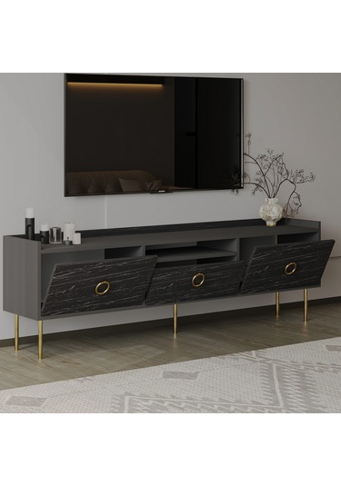 T0015 Lidya Kapaklı, Açık Raflı Tv Sehpası - Antrasit/siyah Mermer Antrasit/siyah Mermer