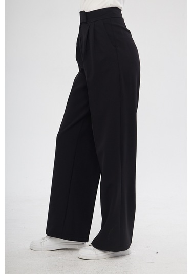 Siyah Yüksek Bel Pileli Kadın Kumaş Palazzo Pantolon Siyah