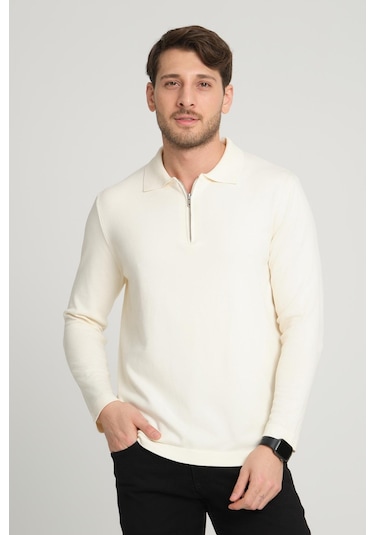 Alexandergardi Alexandergardı Fermuarlı Polo Yaka Kazak E23-6702 Ekru