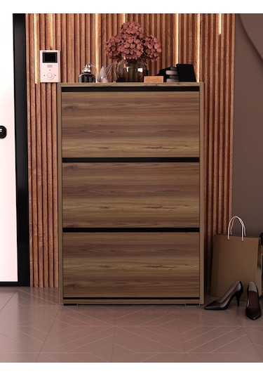 Skeche Düşer Kapak Ayakkabılık Raflı Ayakkabılık 3 Bölmeli Ayakkabılık Ceviz Ceviz