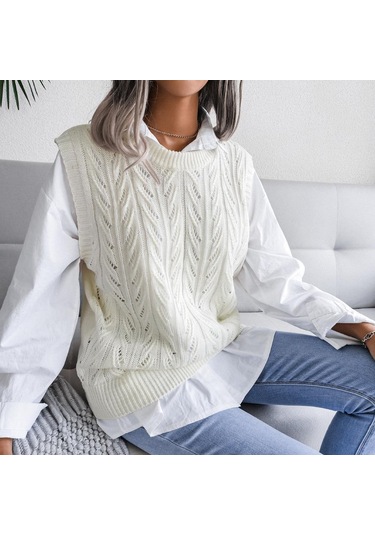 Kadın Sonbahar Kış Bisiklet Yaka Kesim Düz Renk Kolsuz Yaprak Örgü Tank Kazak Sl Beyaz