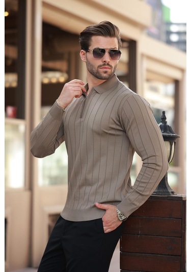 Açık Kahverengi Polo Yaka Fermuarlı Örme Kazak 7242 Açık Kahverengi