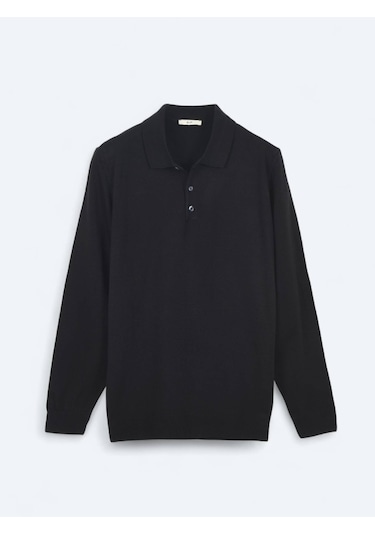 Siyah Polo Yaka Düz Örgü Triko Kazak Siyah