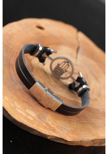 Silver Renk Fatma Ana Eli Metal Aksesuarlı Siyah Renk Deri Erkek Çok Renkli