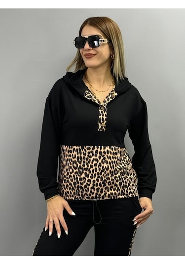 Modaserdem Kadın Uzun Kollu Leopar Detay Sweat Ve Yanı Leopar Şerit Detay Pantolon Ikili Takım Siyah