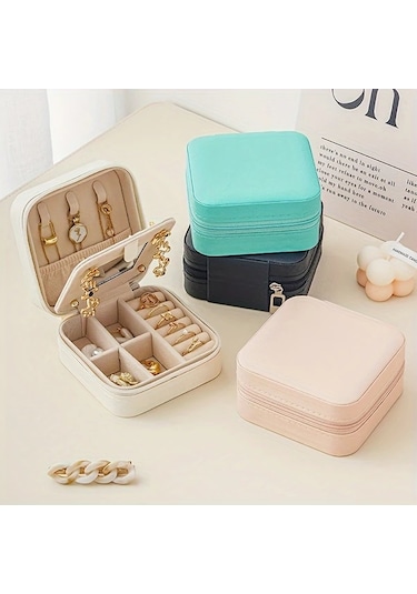 Gateesat Mavi Kapaklı Seyahat Çantası Aynalı Küçük Takı Kutusu Yüzük Küpe Kolye Mavi