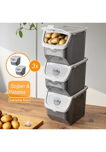 Porsima Coral 3 lü Çok Amaçlı Plastik Patates Soğan Sarımsak Saklama Kutusu 12 L - Gri
